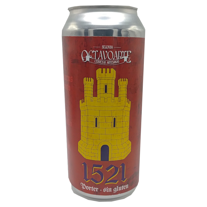 Lata de cerveza artesana 1521 de Octavo Arte, estilo Porter sin gluten, con una etiqueta roja que muestra la ilustración de un castillo medieval amarillo con tres torres sobre el número 1521 en tipografía gótica.