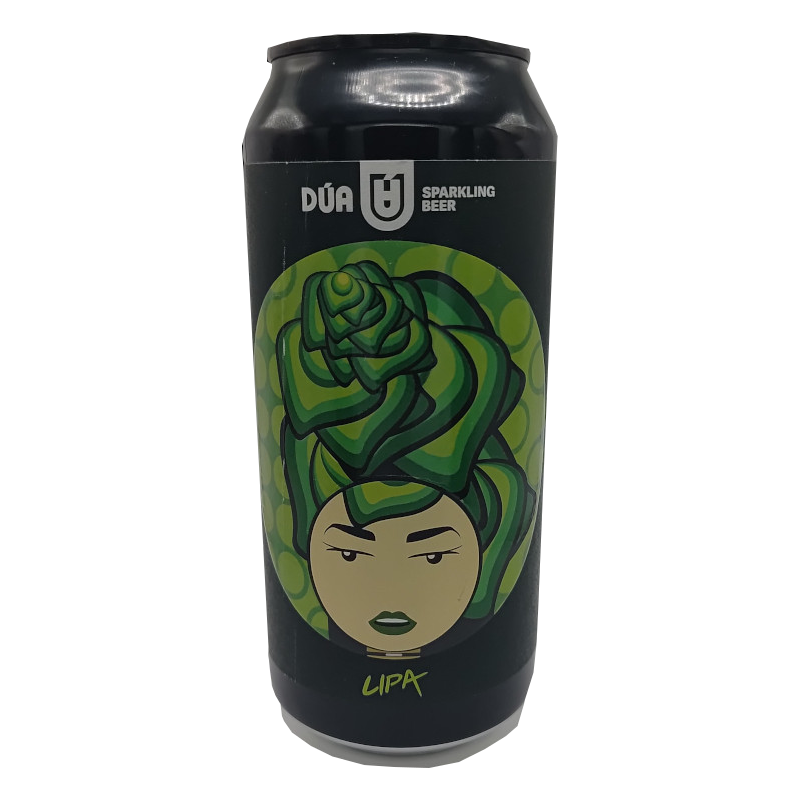 Lata de cerveza artesana LIPA de Dua Sparkling Beer, estilo Farmhouse IPA, con una etiqueta negra que muestra una ilustración circular de una mujer con un llamativo tocado verde en forma de flor de lúpulo estilizada.