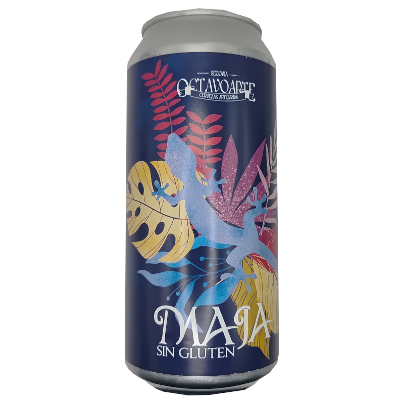 Lata de cerveza artesana Maja de Octavo Arte, estilo Pils sin gluten, con un diseño artístico de hojas tropicales en tonos rosas y amarillos sobre fondo azul oscuro y la silueta de una lagartija azul claro.