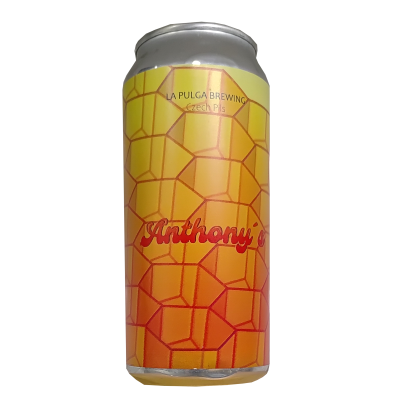 Lata de cerveza artesana Anthony's de La Pulga Brewing, estilo Czech Pils, con un diseño geométrico de celdas en tonos amarillos y naranjas degradados y el nombre Anthony's en tipografía roja clásica.