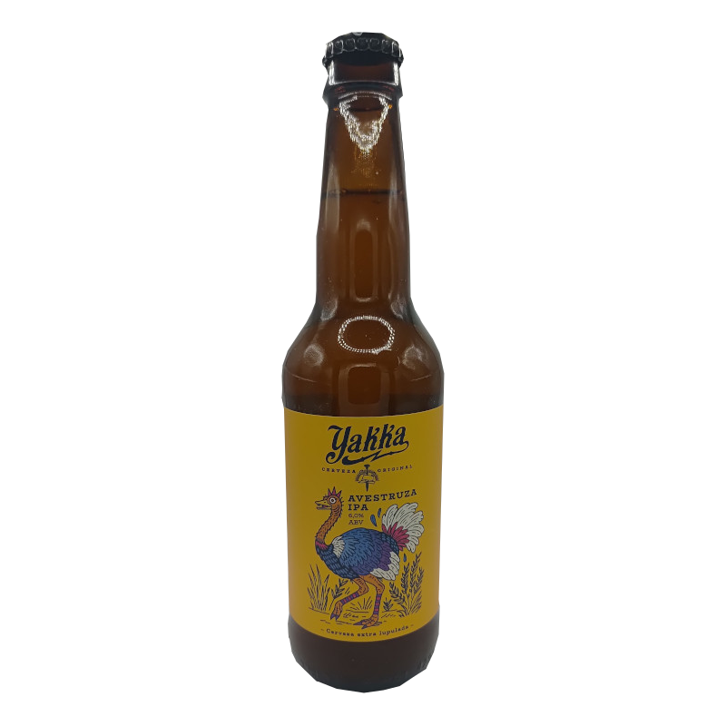 Botella de cerveza artesana Avestruza IPA de Yakka, estilo American IPA, con una etiqueta amarilla que muestra la ilustración de una avestruz de colores azul, morado y rosa caminando entre espigas de lúpulo