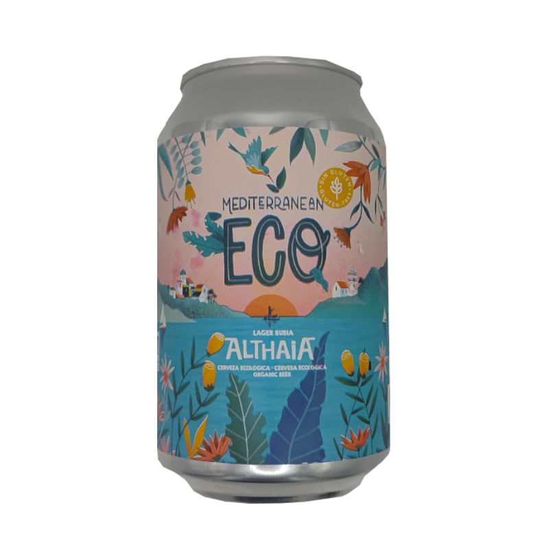 Lata de cerveza artesana Mediterranean Eco de Althaia, estilo Lager Rubia, con un diseño artístico que muestra un paisaje mediterráneo de Altea al atardecer, con flores, pájaros y el sello de producto ecológico y sin gluten.