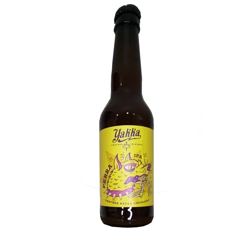Botella de cerveza artesana Perra IPA de Yakka, estilo American IPA, con una etiqueta amarilla brillante que muestra la ilustración de una perra de aspecto salvaje y punk, con pinchos en el cuello y mordiendo una cadena.