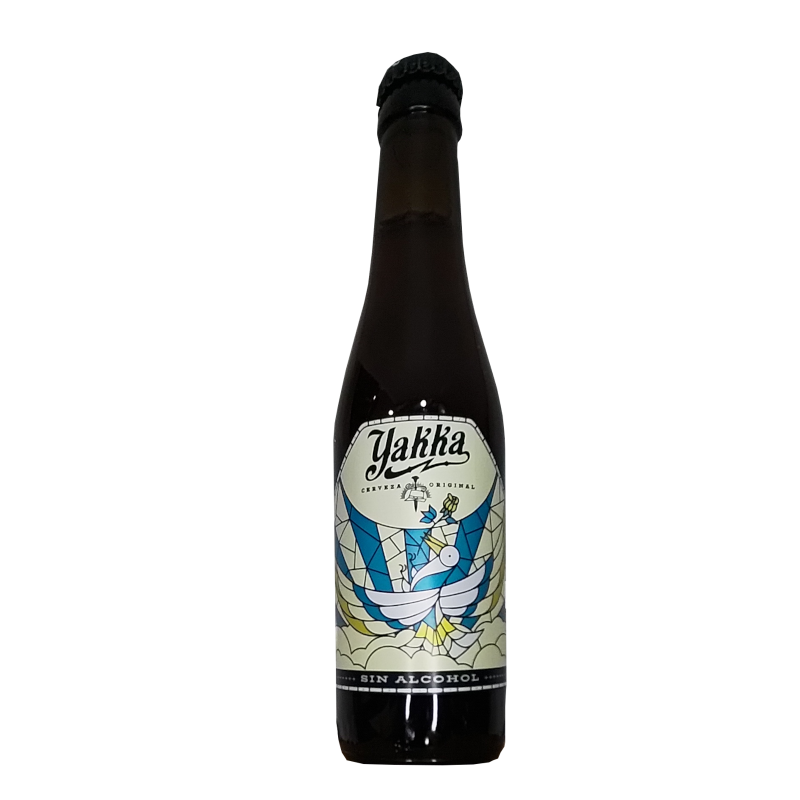 Botella de cerveza artesana Yakka Sin Alcohol, con una etiqueta de diseño artístico que simula una vidriera de colores azul y blanco, mostrando una paloma blanca volando entre nubes estilizadas.