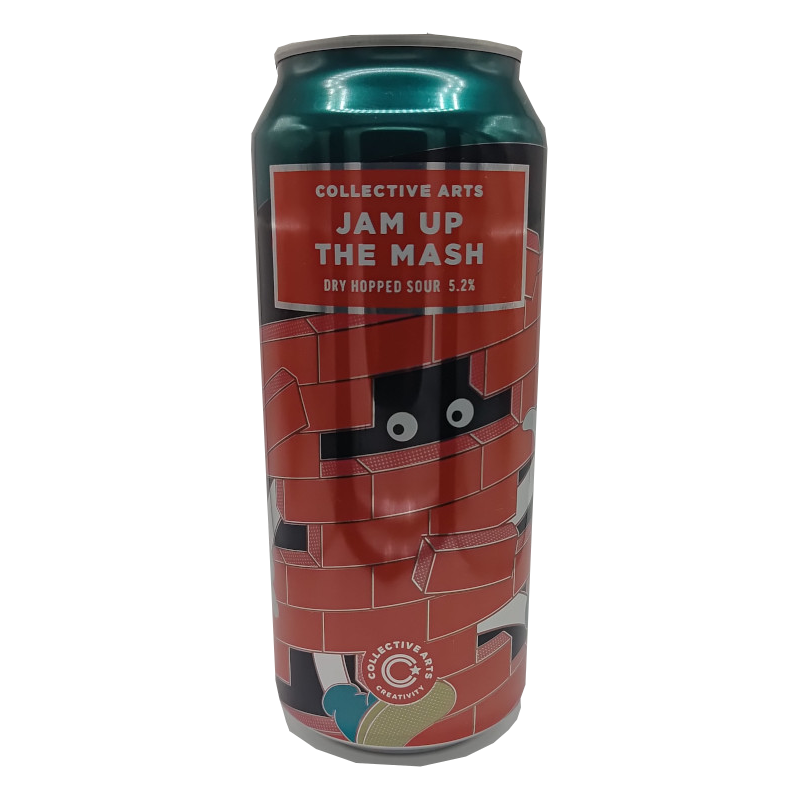 Lata de cerveza artesana Jam Up The Mash de Collective Arts, estilo Dry Hopped Sour, con un diseño artístico de un muro de ladrillos rojos que parecen cobrar vida con unos ojos que asoman desde el interior.