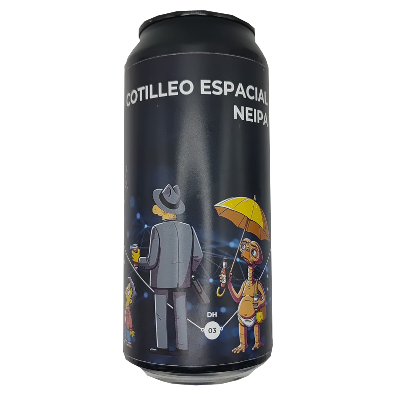 Lata de cerveza artesana Cotilleo Espacial de Castreña, estilo NEIPA, con una etiqueta azul oscuro que muestra a personajes icónicos como E.T. con un paraguas amarillo y un hombre de negro en una escena nocturna.