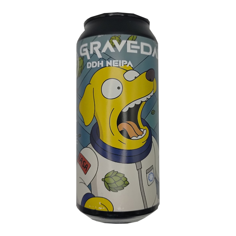 Lata de cerveza artesana Gravedad Cero de Labrador Brewing, estilo DDH NEIPA, con una ilustración de un perro astronauta amarillo con la boca abierta y expresión de asombro, rodeado de lúpulos flotando en el espacio.