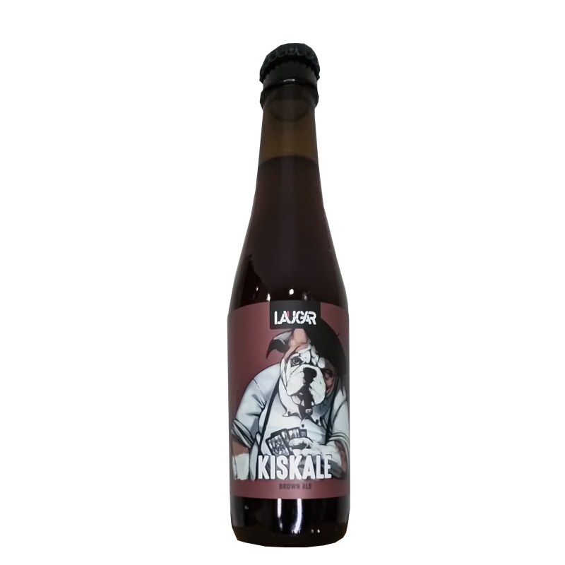 Botella de cerveza artesana Kiskale de Laugar, estilo Brown Ale, con etiqueta de color granate que muestra la ilustración de un perro bulldog con boina y tirantes, fumando un puro y sosteniendo cartas de póker.