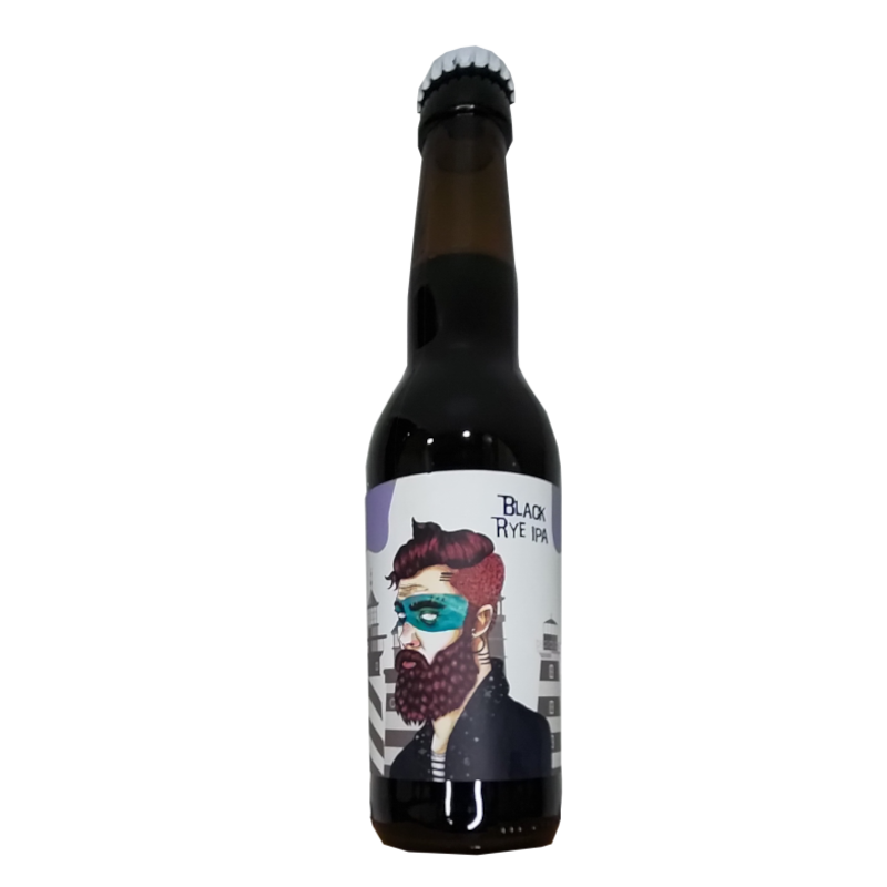 Botella de cerveza artesana Mascarat de Althaia, estilo Black Rye IPA, con una etiqueta blanca que muestra la ilustración de un hombre con barba densa, pelo rojizo y un antifaz pintado de color turquesa.