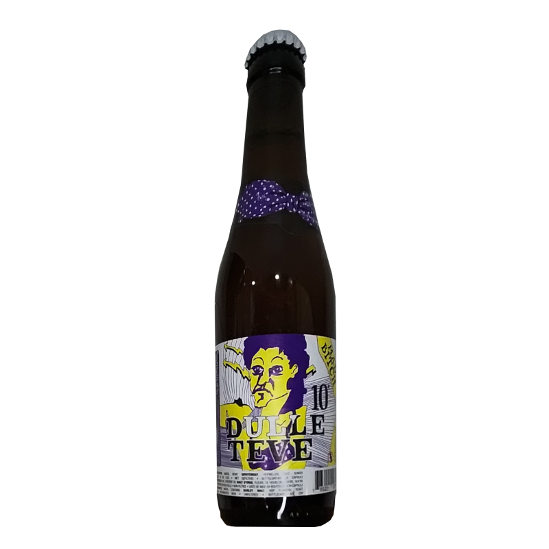 Botella de cerveza belga Dulle Teve de De Dolle Brouwers, estilo Tripel, con una etiqueta de diseño psicodélico en amarillo y morado que muestra un personaje caricaturizado y un lazo de lunares en el cuello de la botella.