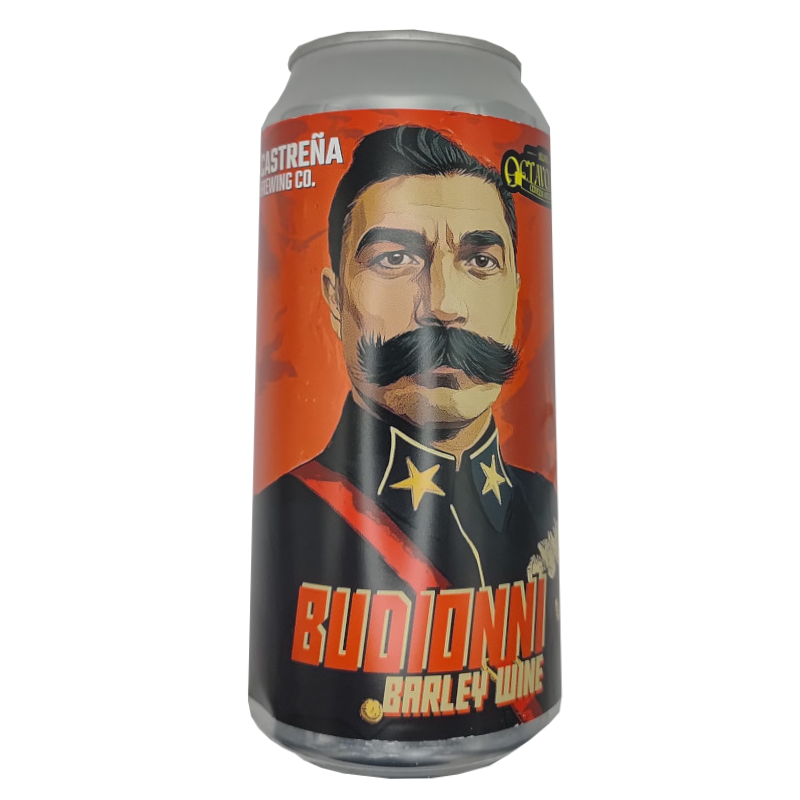 Lata de cerveza Budionni, estilo Barley Wine, con una ilustración realista de un militar de época con un gran bigote sobre un fondo naranja intenso.