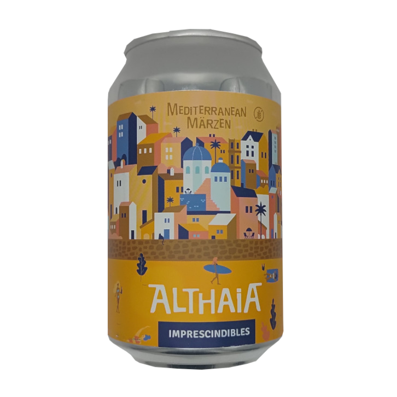 Lata de cerveza artesana Althaia Mediterranean Märzen sin gluten, con ilustración geométrica colorida de casas blancas y cúpulas azules típicas de Altea frente al mar
