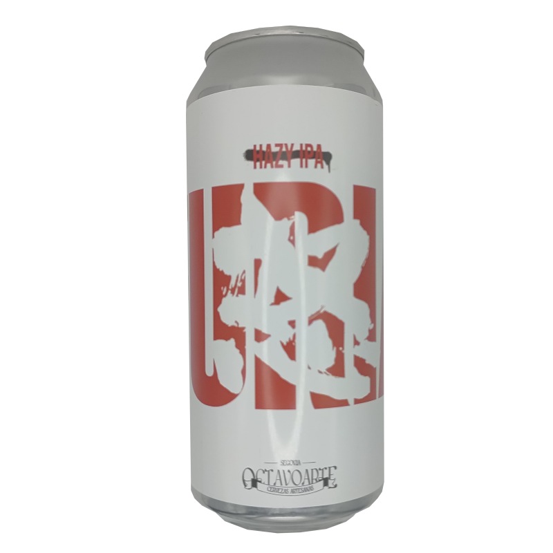 Lata de cerveza artesana Furia de Octavo Arte, estilo Hazy IPA, con diseño minimalista en blanco y letras rojas grandes con caligrafía tipo graffiti.