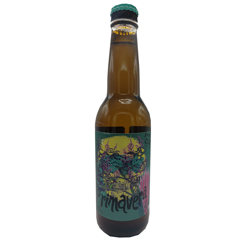 Botella de cerveza artesana Primavera de 33cl, con una etiqueta artística que muestra plantas silvestres, flores moradas y un animal oculto bajo una luna llena amarilla.