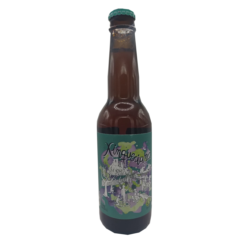 Botella de cerveza artesana Xinqueriana de 33cl, con etiqueta ilustrada en tonos verdes y morados que muestra una escena de vendimia o fiesta popular en el campo.