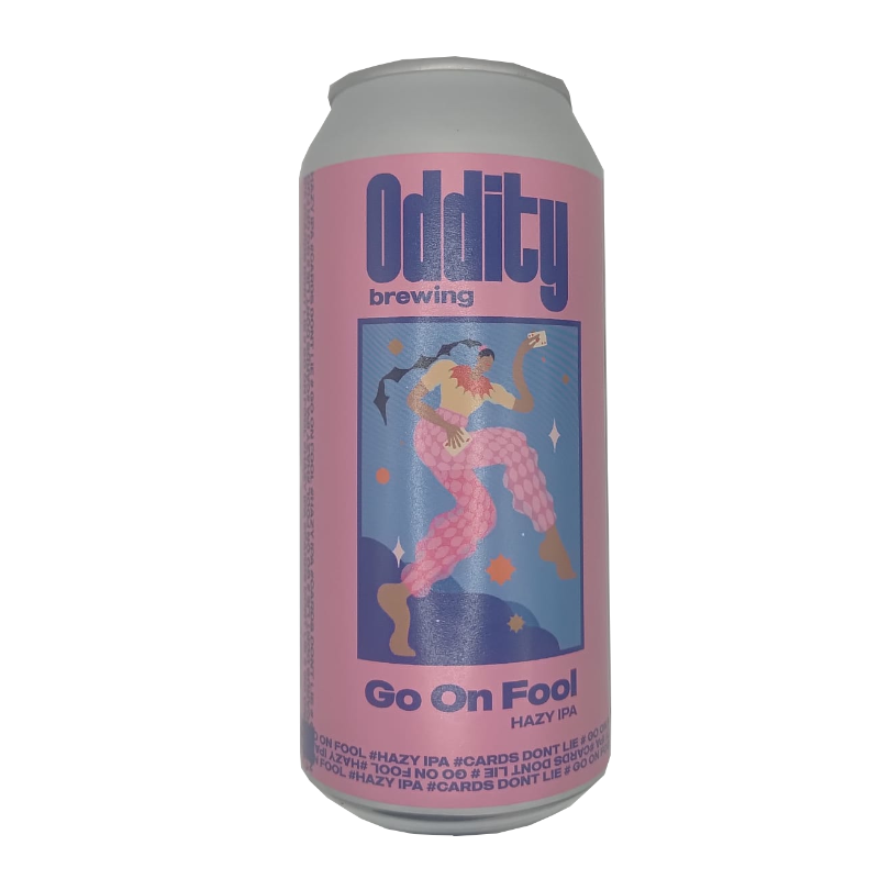 Cerveza artesana Oddity Brewing Go On Fool Hazy IPA, lata con ilustración artística en rosa y morado