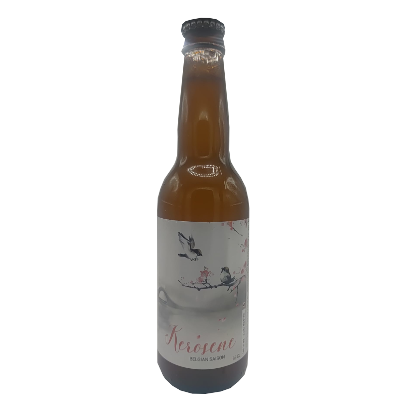 Botella de cerveza Kerosene Belgian Saison de 33cl con etiqueta de estilo japonés, ilustrada con pájaros en una rama de cerezo.