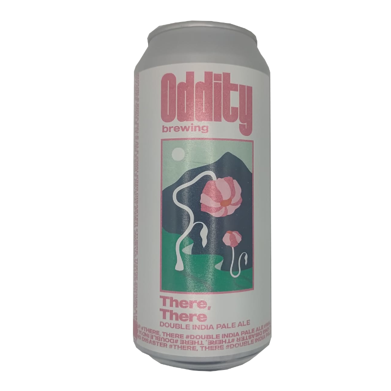 Lata de cerveza There, There de Oddity Brewing, estilo Double IPA (DIPA), con ilustración floral minimalista en tonos rosas y verdes