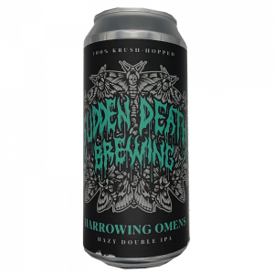 Lata de cerveza artesana Harrowing Omens de Sudden Death Brewing, estilo Hazy Double IPA, con una ilustración oscura de polillas y calaveras en tonos verde menta y negro.