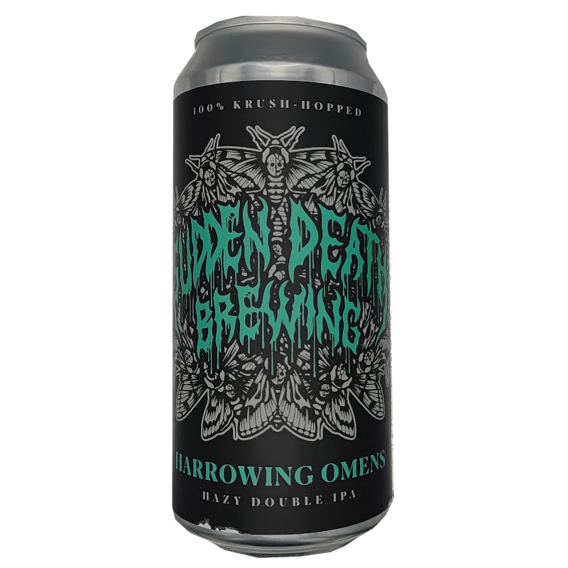Lata de cerveza artesana Harrowing Omens de Sudden Death Brewing, estilo Hazy Double IPA, con una ilustración oscura de polillas y calaveras en tonos verde menta y negro.