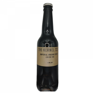 Botella de cerveza artesana The Kernel Imperial Brown Stout London 1856, con su clásica etiqueta de papel craft minimalista y tipografía negra sobre fondo blanco.