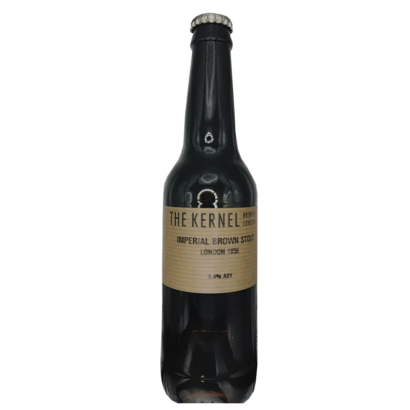 Botella de cerveza artesana The Kernel Imperial Brown Stout London 1856, con su clásica etiqueta de papel craft minimalista y tipografía negra sobre fondo blanco.