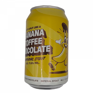 Lata amarilla de cerveza artesana Dugges Banana Toffee Chocolate Imperial Stout, con diseño de plátano animado y tipografía clásica sobre fondo de toffee líquido.