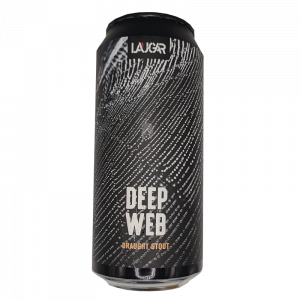 Lata de cerveza artesana Deep Web de Laugar Brewery, estilo Draught Stout, con un diseño de líneas blancas punteadas orgánicas que recuerdan a una huella dactilar o una red neuronal sobre fondo negro