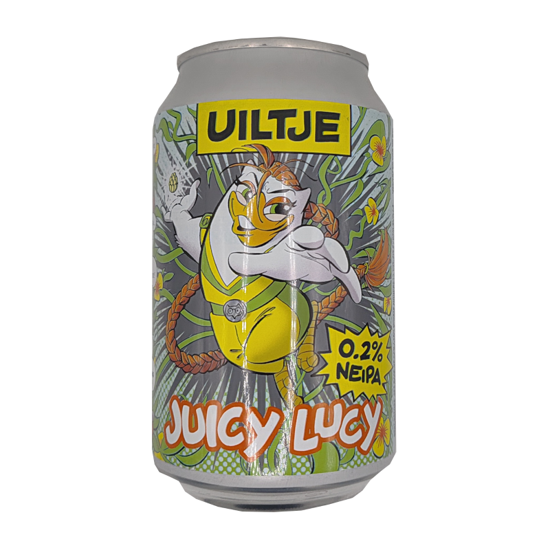 Lata de cerveza artesana Juicy Lucy de Uiltje, estilo NEIPA de 0.2% de alcohol, con ilustración de cómic de una búho heroína con trenzas saltando entre vegetación tropical.