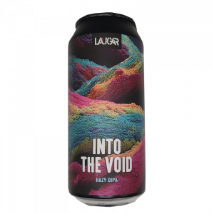Lata de cerveza artesana Into the Void de Laugar Brewery, estilo Hazy DIPA, con una etiqueta psicodélica de texturas rugosas en colores neón rosa, azul, naranja y verde.