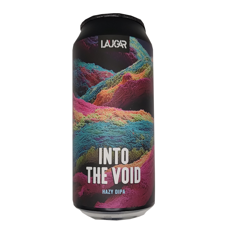 Lata de cerveza artesana Into the Void de Laugar Brewery, estilo Hazy DIPA, con una etiqueta psicodélica de texturas rugosas en colores neón rosa, azul, naranja y verde.