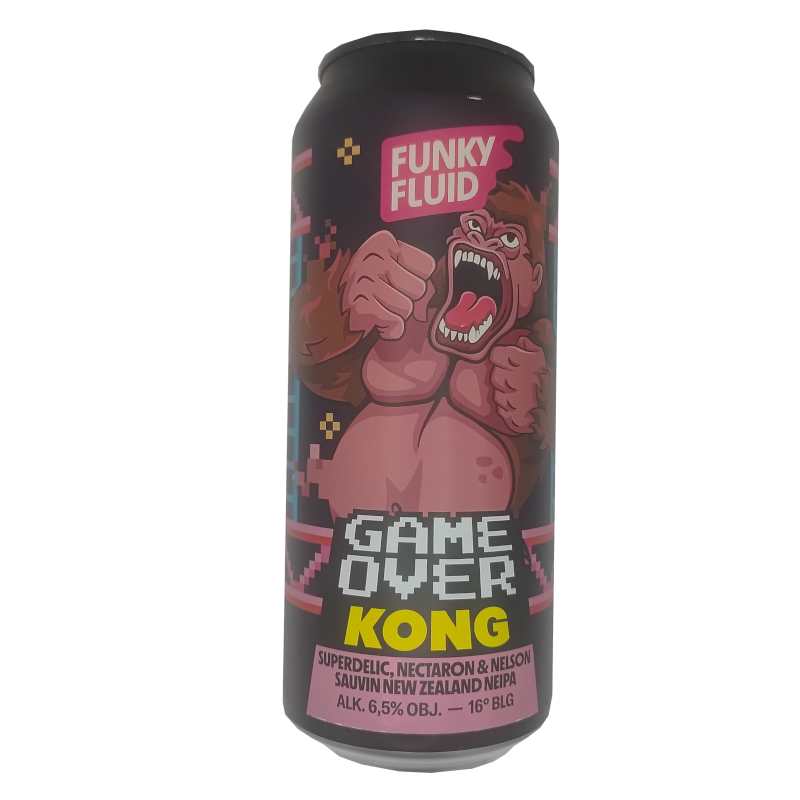Lata de cerveza artesana Funky Fluid Game Over Kong, estilo New Zealand NEIPA de 6.5% alc, con diseño retro de videojuego pixelado que muestra a un gorila gigante rugiendo sobre fondo rosa y negro.