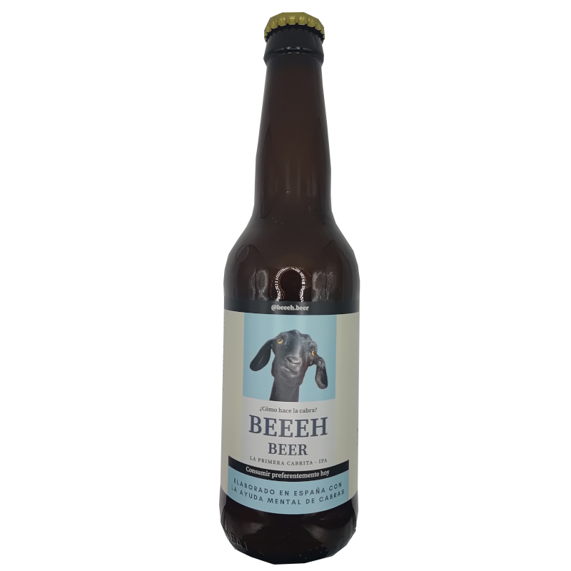 Botella de cerveza artesana Beeeh Beer La Primera Cabrita, de estilo IPA, con etiqueta clara que muestra la cabeza de una cabra negra sobre un fondo azul suave y detalles en texto azul y negro.